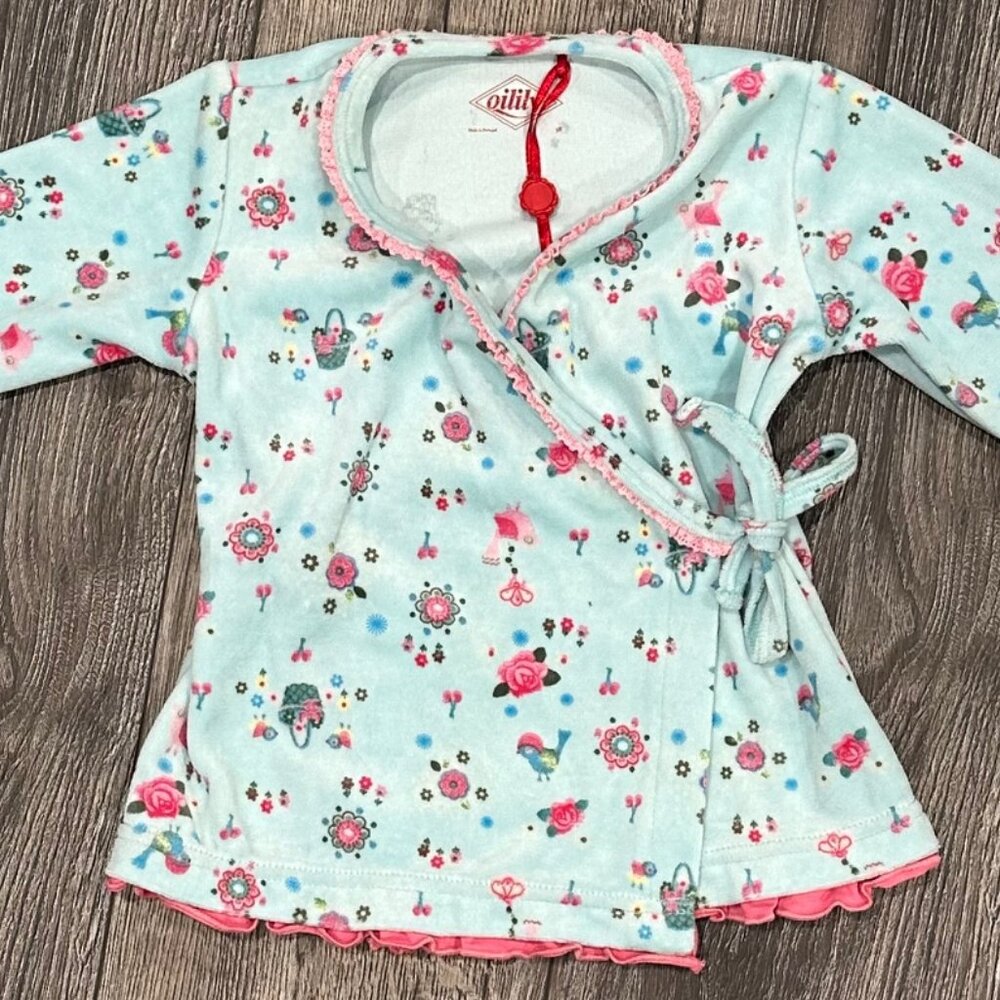 Oilily Light Blue Velour Wrap Top with Pink Flowers, Size 3T